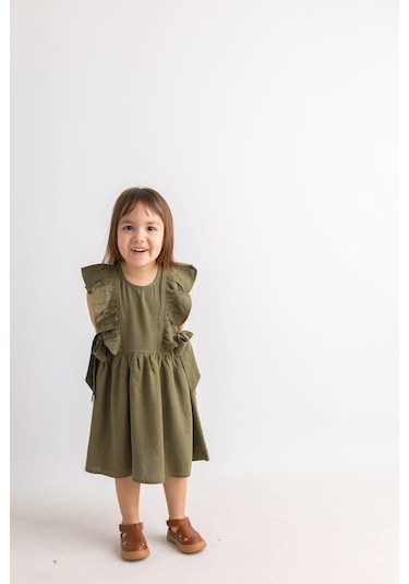 Oliventhekid Yanları Bağcıklı Kolsuz Fırfırlı Keten Sırtı Düğmeli Kız Çocuk Elbise Haki Haki