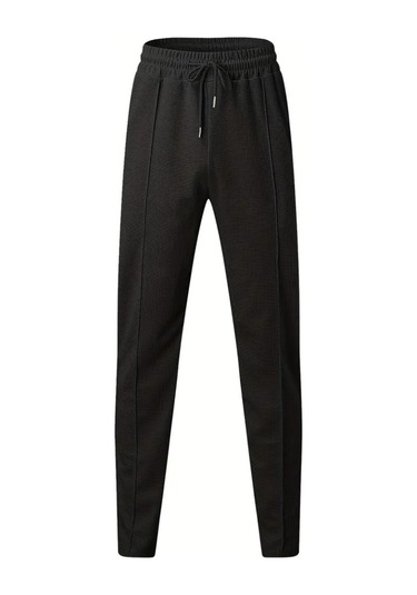 Erkek Yüksek Bel Önden Bağcıklı Cepli Waffle Pantolon Siyah