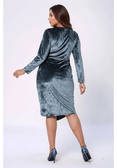 Kadın Kruvaze Yaka Esnek Şık Uzun Kol Büyük Beden Curve Kadife Abiye Gece Elbisesi Mavi