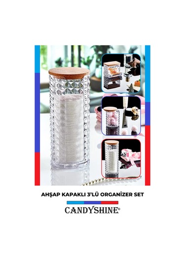 Ahşap Kapak 3'lü Organizer Set Modern Pamukluk Banyo Düzenleyici Şeffaf