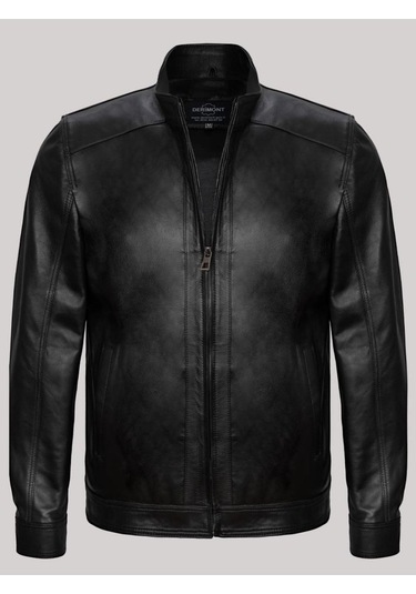 Hakiki Kuzu Derisi Siyah Erkek Deri Mont Dik Yaka Deri Ceket Siyah