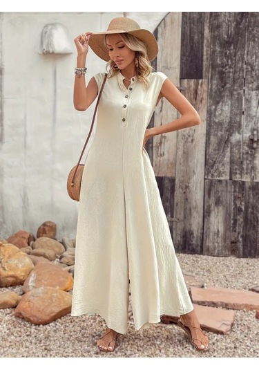 Ahes Shopping Kadın Kısa Kollu Önden Düğmeli Paçaya Doğru Geniş Cepli Uzun Bürümcük Tulum Bej