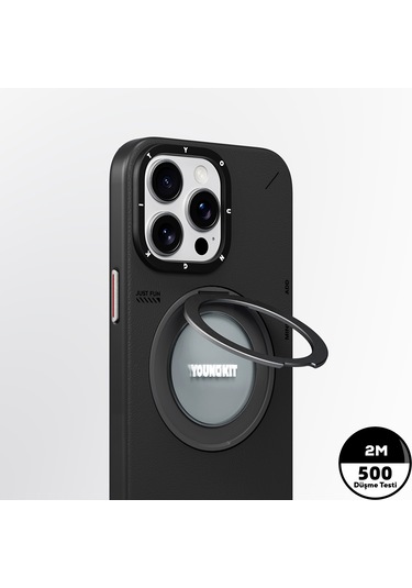iPhone Uyumlu 15 Pro Max Kılıf Magsafe Özellikli 360 Standlı Deri Desenli Youngkit Tech Leather Seri Siyah