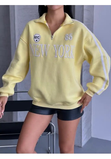 Yarım Fermuarlı Newyork Yazılı Sweat Sarı