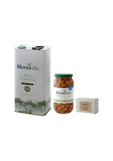 Monteida Soğuk Sıkım Zeytinyağı 5 L + Monteida Çizik Zeytin 1 KG + Monteida Zeytinyağı Sabunu 150 G
