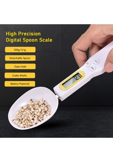 Konesam Beyaz Dijital Kaşık Terazi, 500g/0.1g Hassasiyet, Lcd Ekran, Tare Fonksiyonu, Veri Kilidi, Birim Dönüştürme, Kahve/un İçin, Batarya Dahil Beyaz