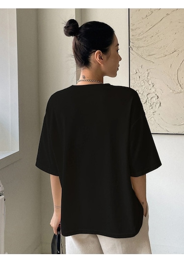 Kadın Siyah Oversize Balance Baskılı Örme T-shirt Siyah-58466