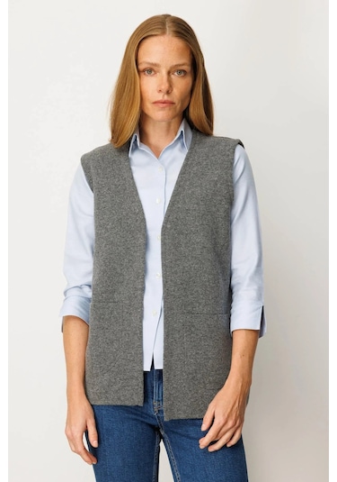 Desen Triko Kadın V Yaka Çelik Örgü Yün Anne Yelek 25044 Füme Füme