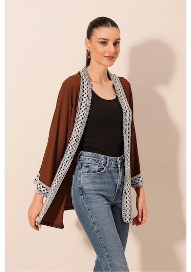 Bigdart 5866 Nakışlı Örme Kimono - Kahverengi 001