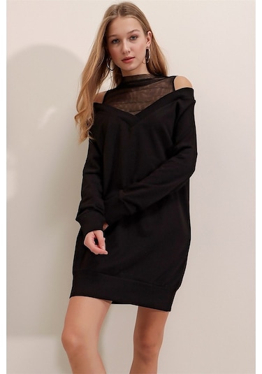 Aqe Fashion Kadın Siyah Tül Yaka Detaylı Elbise Siyah
