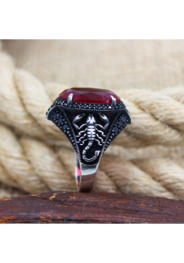 Akrep Tasarım Kırmızı Taşlı 925 Ayar Gümüş Erkek Yüzük Gümüş