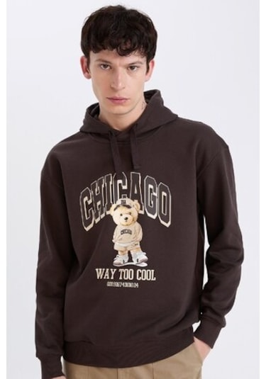 DeFacto Boxy Fit Kapüşonlu Baskılı Sweatshirt D0853AX24AUBN337 Kahve Kahverengi
