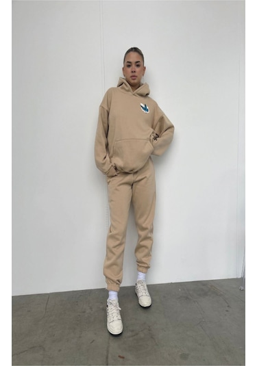 Kelebek Kışlık Eşofman Takımı - Bej Baskılı Kapüşonlu Oversize Bej
