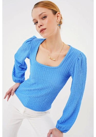 Defymoda 0442 Uzun Kollu Bluz - Saks Saks