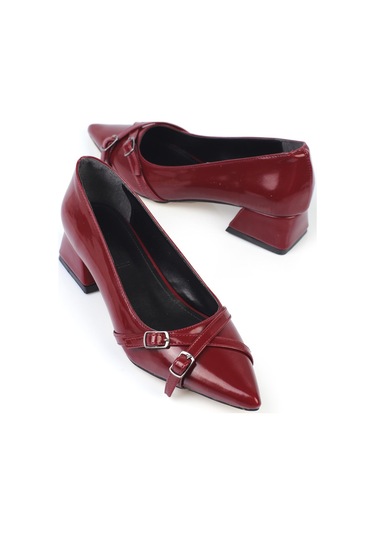 Shoetek Laura Kadın Stiletto Kalın Topuklu Çapraz Bantlı Tokalı Ayakkabı Bordo Rugan Bordo