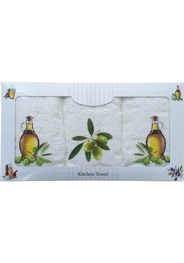 3 Lü Zeytin Baskılı %100 Pamuklu Mutfak Havlusu 30 X 50 Cm 001
