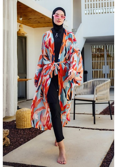 Remsa Tesettür Mayo Üzerine Tek Kaftan Kimono Pareo Turuncu Rp027 Lotus Turuncu