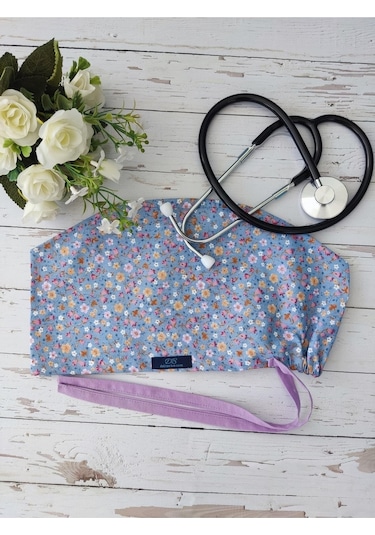 Tesettür Indigo Mavi Çıtır Çiçek Desenli Cerrahi Bone Doktor Hemşire Sağlıkçı Bonesi Geniş Kesim