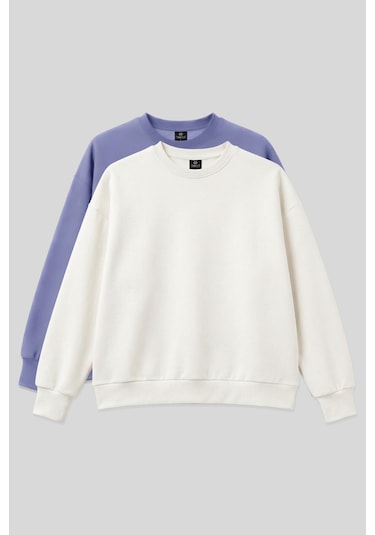 Basic Oversıze O Yaka 2li Paket Ekru-açık Eflatun Kadın Sweatshirt - 97053 Ekru - Fuşya