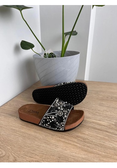 Yazlık Kadın Ortopedik Taşlı Havuz Günlük Terlik Siyah - Kahverengi