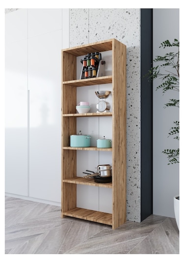 Alpa Ev Mobilya 5 Raflı Kitaplık, Modern Çok Amaçlı Ahşap Ofis, Salon Ve Mutfak Raf Dolabı Atlantik Çam