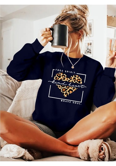 Nnstartshopping Kadın Uzun Kollu Bisiklet Yaka Desenli Viskon Iki Iplik Bluz Lacivert