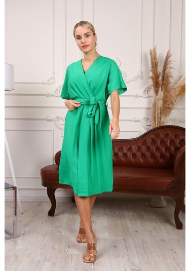 Aymeravm - Beli Kuşaklı V Yaka Kadın Elbise - Mas0820Ga Yeşil