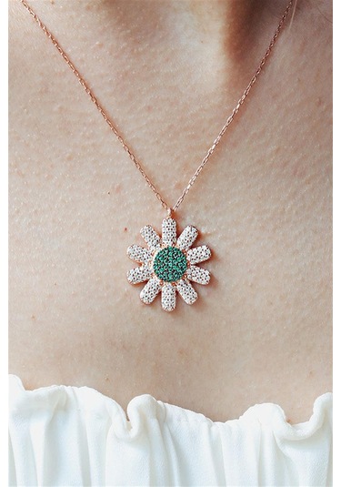 Yeşil ve Beyaz Zirkon Taşlı Papatya Kadın 925 Ayar Gümüş Kolye-1855