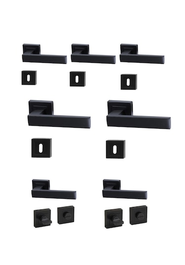 Kare Rozetli Kapı Kolu 7'li Set 3+1 Daire İçin Geçerli Siyah
