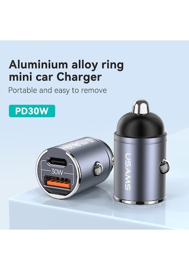 Sones Usams Us-cc206 C38 Pd30w Usb + Type-c Çift Bağlantı Noktalı Hızlı Şarj Alüminyum Alaşımlı Araç Şarj Cihazı Kararma