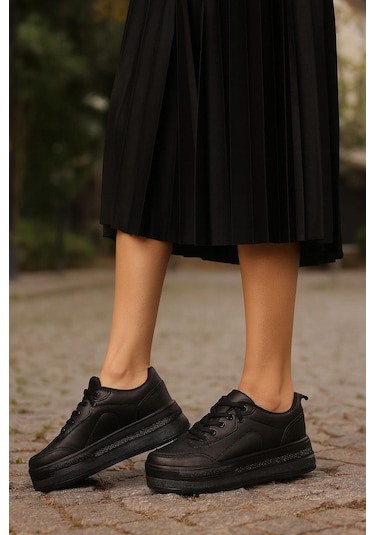 Kadın Günlük Yüksek Taşlı Taban Rahat Kalıp Yürüyüş Ve Ortopedik Spor Ayakkabı Bej Siyah