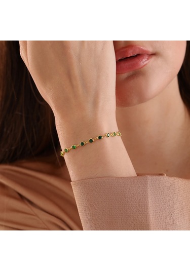Queen Silver Jewelry 925 Ayar Gümüş Yeşil Renk Geçişli Zirkon Taşlı Tamtur Bileklik Altın