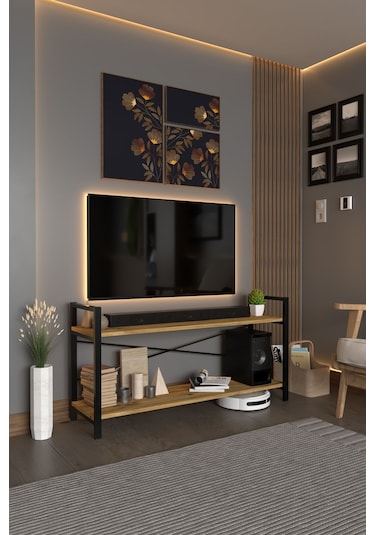 Exen Tv Ünitesi Dekoratif 2 Raflı Metal Ayaklı Tv Sehpası Atlantik Çam