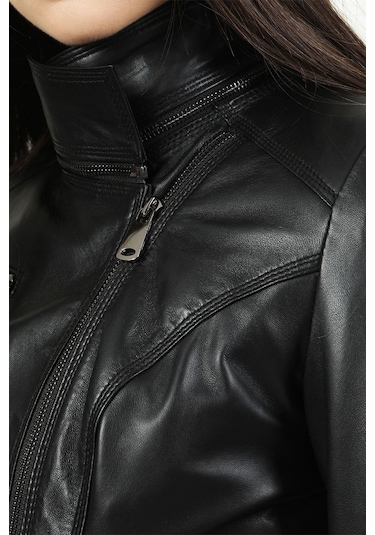 Dericlub Yb-2120 Gerçek Deri Kadın Mont Siyah