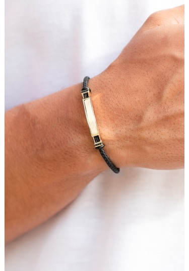 14 Ayar Altın Plaka Siyah Kauçuk Erkek Bilekliği Siyah