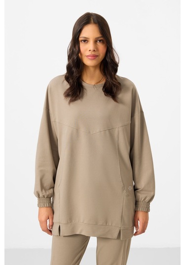Koyu Bej O Yaka Basic Oversize Kadın Eşofman Tunik Takım - 95347 Bej