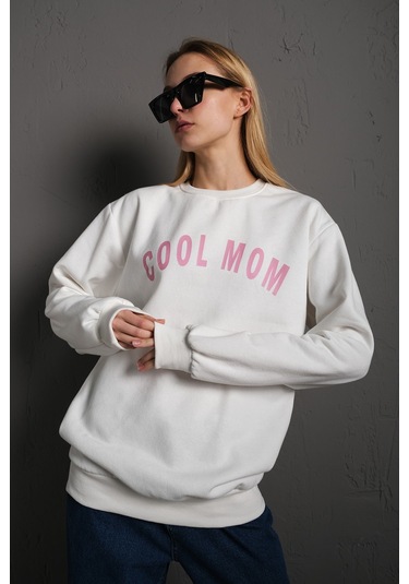 Modagen Kadın Beyaz Cool Mom Baskılı Bisiklet Yaka Oversize Sweatshirt Beyaz