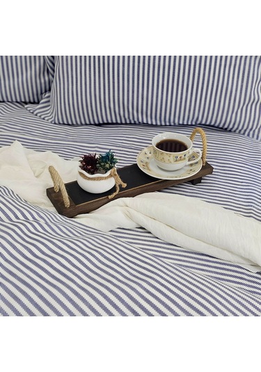 Çift Kişilik %100 Pamuk İnce Çizgili Nevresim Takımı | Lacivert & Beyaz | 4 Parça | Yumuşak Dokulu Lacivert - Beyaz