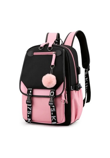 Dawndesslogenç Kızlar Usb Portlu Büyük Okul Çantası - Moda Siyah Pembe Sırt Çantası Açık Siyah Pembe Siyah Pembe