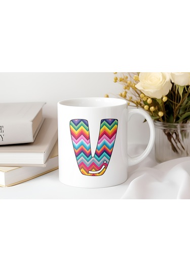 V Harfi Renkli Zigzag Desenli Kupa Bardak - Afrika Tarz Etnik Tasarım Kupa - Kişiye Özel Beyaz