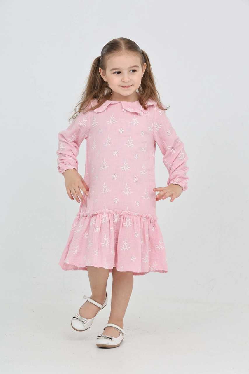 Toontoy Kız Çocuk Çiçek Nakışlı Bebe Yaka Elbise Açık Pembe