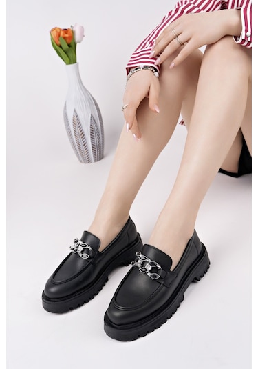 Muggo Crasher Kalın Taban Tokalı Günlük Casual Makosen Kadın Loafer Ayakkabı Siyah