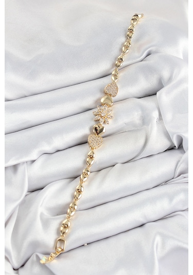 Pirinç Zirkon Taşlı Kalp Detaylı Çiçek Model Gold Renk Kadın Bileklik - Tj-bb7527 Gümüş