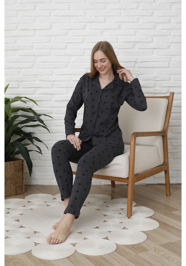 Fames Pijama Uzunkol Düğmeli Penye Pijama Takimi Kalpli Siyah