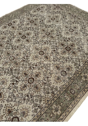 El Dokuma Vintage Isparta Halısı 202x335 Krem Kahve Eskitme Halı Kahverengi - Krem