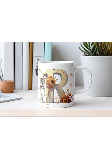 R Harfi Pembe Kareli Kalpli Göz Emojili Kupa Bardak Eğlenceli Kareli Tasarım Kahve Çay Kupası Beyaz