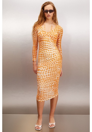 Anatola Kadın Tül Mesh Kumaşlı Puantiyeli Boyundan Bağlamalı Turuncu /desenli Elbise