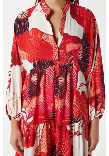 Modest Kadın Catina Kırmızı Çiçekli %100 Viskon Maksi Boy Yazlık Elbise Kırmızımercanekru Çok Renkli