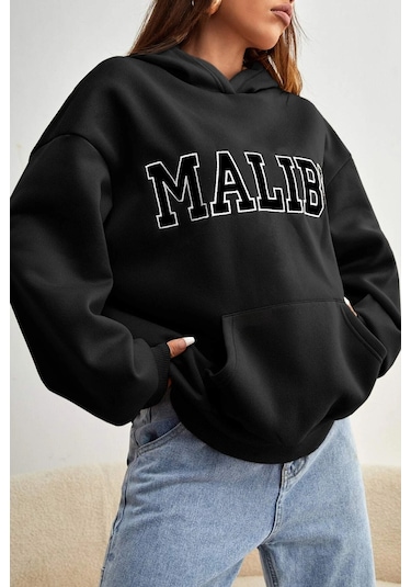 Malıbu Baskılı Oversize Sweatshirt Siyah