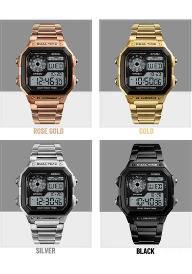 Yunboo Erkekler İçin Dijital Saat - Güneş Işığı, Stopwatch, Alarm, Hafta/gün Gösterimi - Paslanmaz Çelik Kordon - Altın Renk Çok Renkli